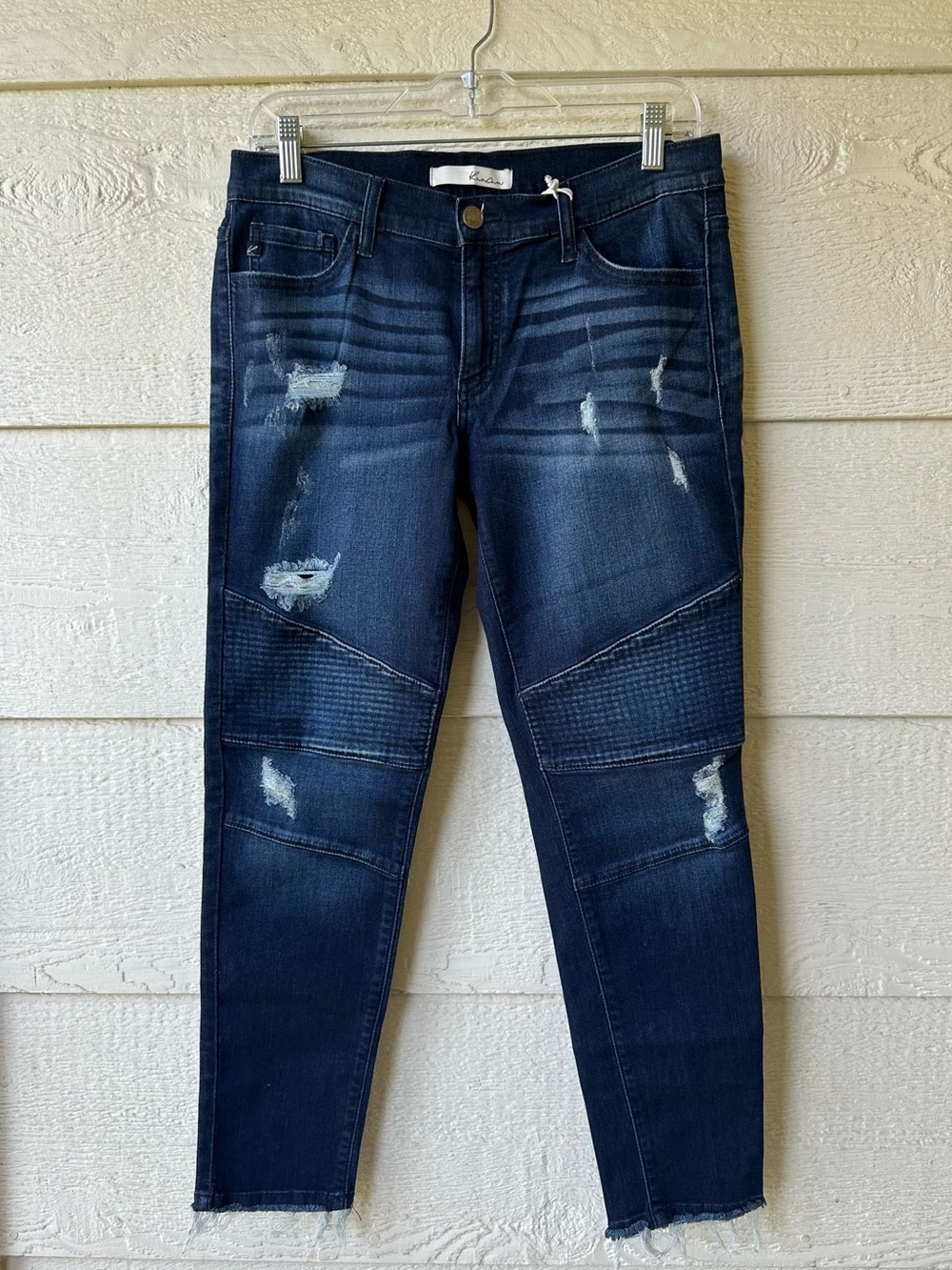 Dark wash distressed moto jeans